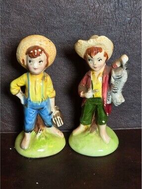 Tom Sawyer Huck Huckleberry Finn Salt Pepper Shakers Lugenes 4 1/2 In Japan Vtg